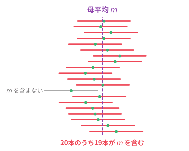 標本を取り直して作った20本の信頼区間のうち19本が母平均mを含む様子